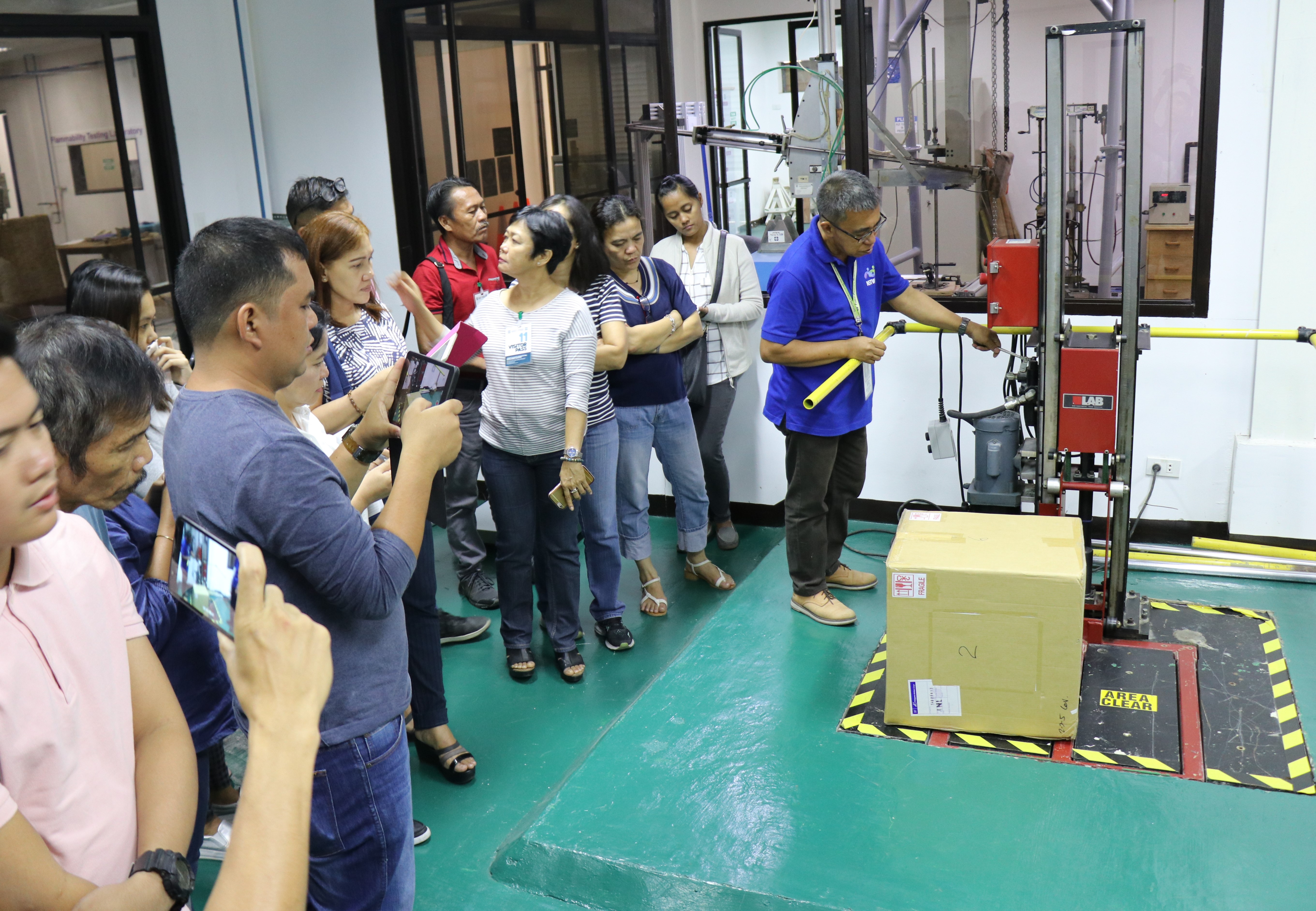 Engr. Revilleza and Engr. Vardeleon demonstrate transit testing of packaged products using the Vibration Test Machine, Accudrop Drop Tester Machine and Inclined Impact Tester Machine. These machines help anticipate how products will perform during shipping.