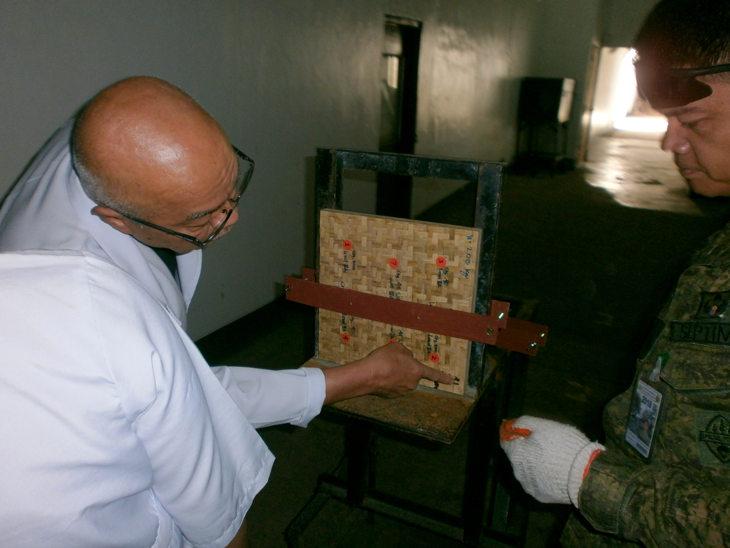 The experimental bamboo mat is tested at the Philippine Army R&D Center.