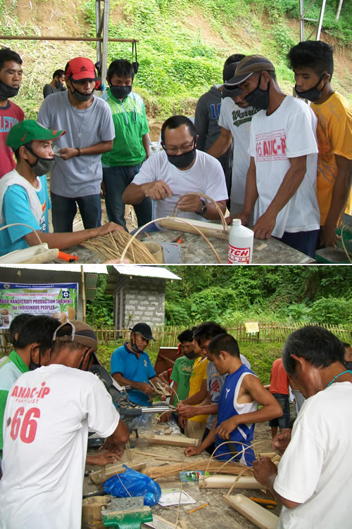 Above photo: Mr. Eduardo M. Atienza demonstrates bamboo finishing techniques. Lower photo: Trainees from the B’laan tribe work on their bamboo handicrafts.