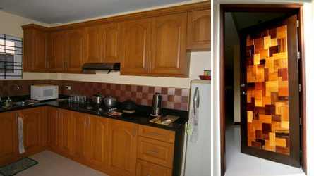 Carmelo’s kitchen cabinets and door are made of kiln-dried wood.