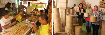 (Left) ARMM and FPRDI officials led by Deputy Director Felix B. Tamolang (in printed polo) observed how water hyacinth stems are processed after drying. (Right) DOST-ARMM Regional Secretary Myra M. Alih (rightmost) with other DOST officials.