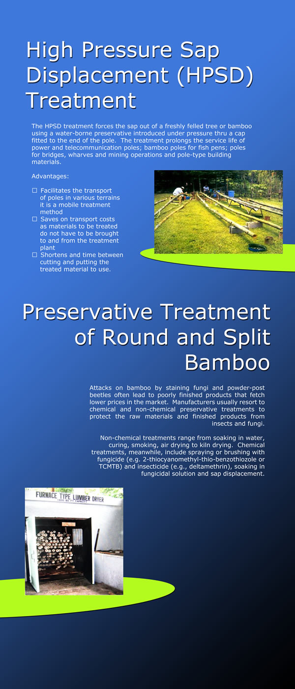 Heat Pressure Sap Displacement (HPSD) Treatment and Preservative Treatment of Round and Split Bamboo.